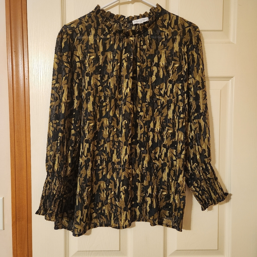 Maison D'Amelie Women's Sheer Blouse Abstract Floral Print Ruffled Neck Size L